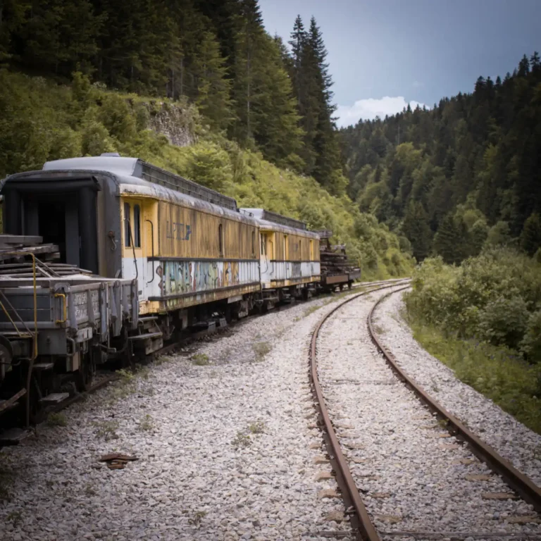 Un train longe une forêt de montagnes